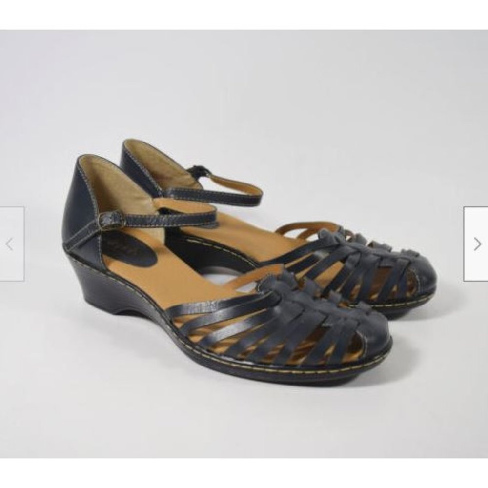 Softspots Tatianna Dark Navy Leather Ankle Strap Platform Sandals Sz 11N